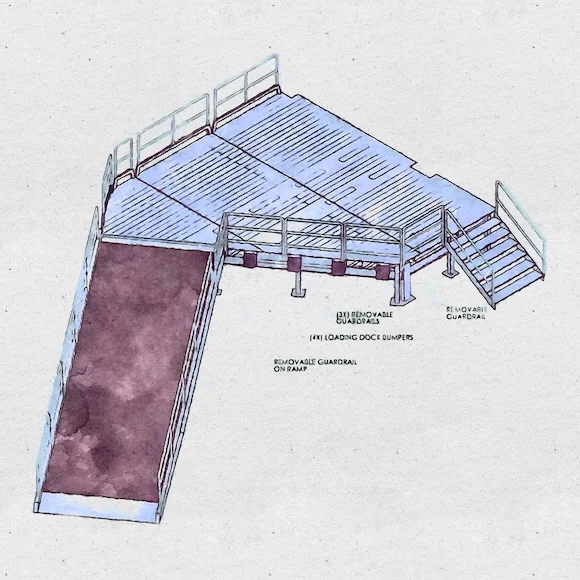 Schematic focus on ramp and dock for a Yard Ramp Guy modular cross-docking platform.