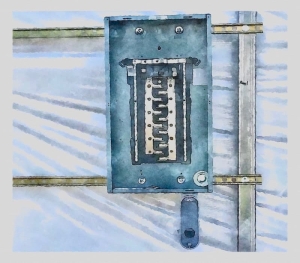 A fuse box, door open, representing the electrical aspect of a modular cross-docking platform.
